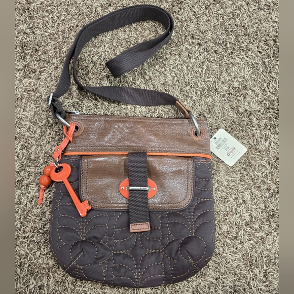 FOSSIL KEY-PER Quilted Nylon Brown Hobo Shoulder Bag Messenger Crossbody NWT - Picture 1 of 5